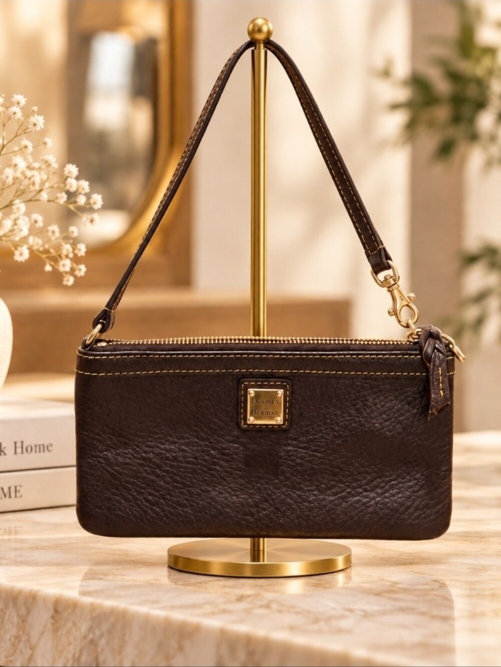 Dooney & Bourke Brown Pebbled Leather Wristlet Zip Pouch